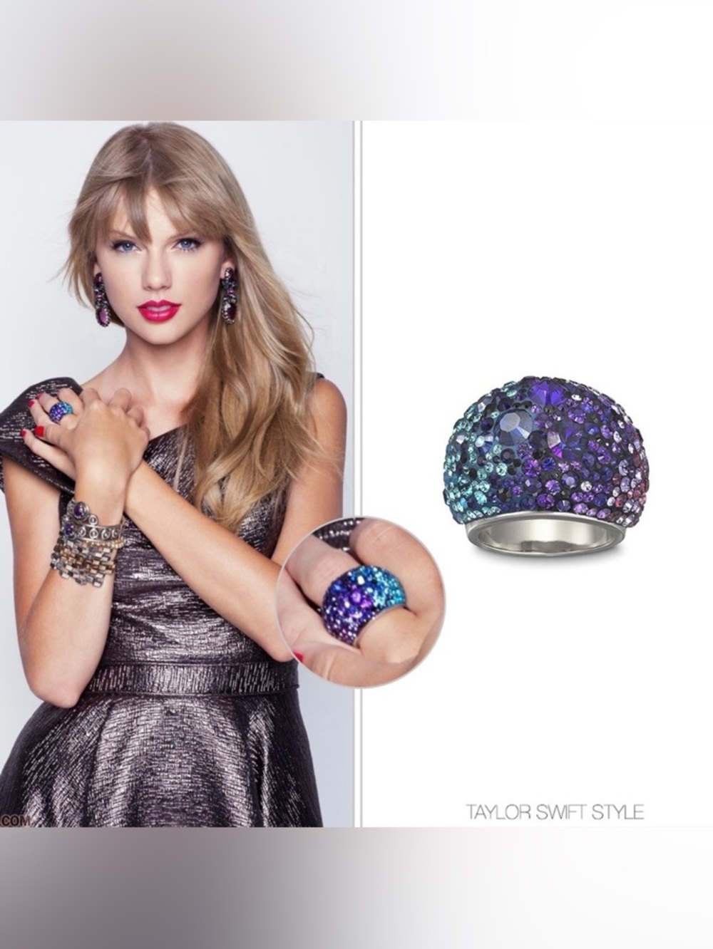 Authentic Swarovski Chic Dome ring. Blue,Purple,Magenta hued crystals. size 58